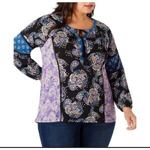 Style & Co. Womens Top Plus Size Paisley Print Split Tie-Neck 1X NWT